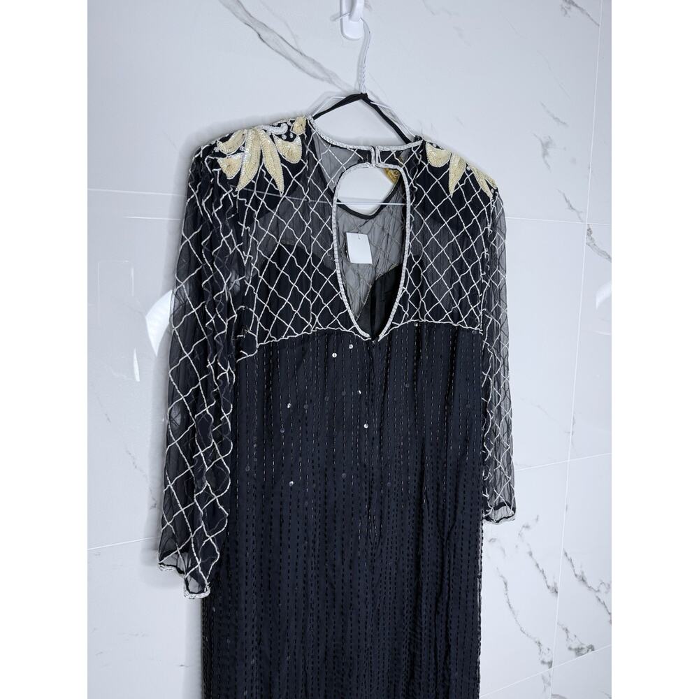 Beaded Silk Laurence Kazar Evening Gown Large VTG Dress Black White Regal Art - Picture 9 of 16